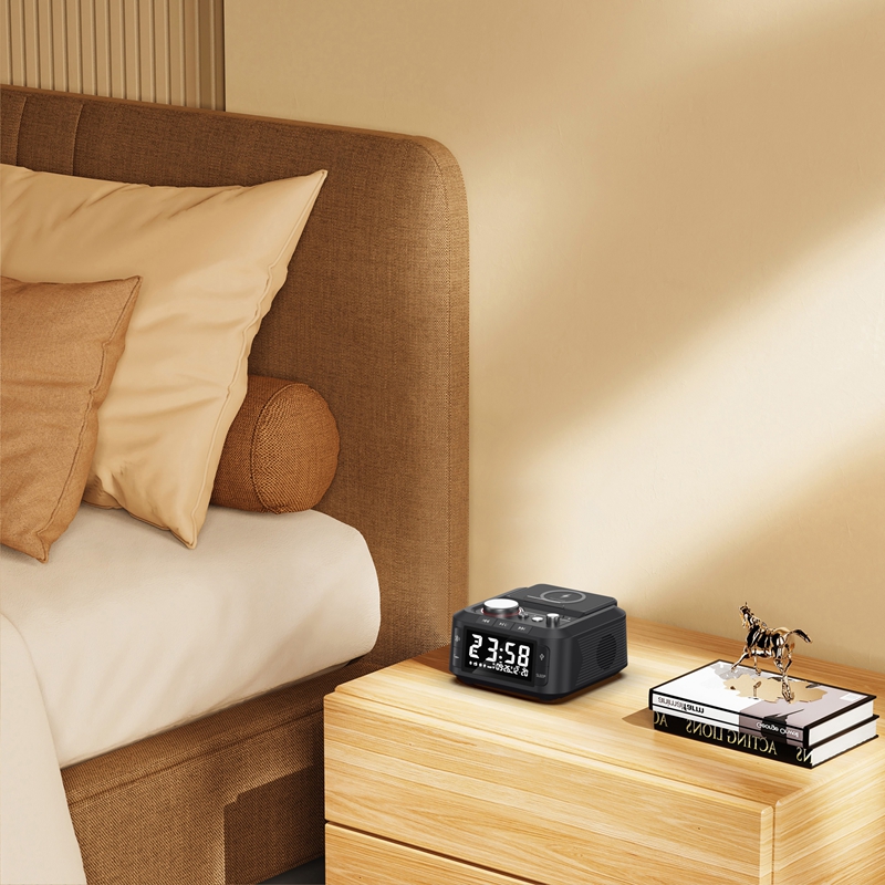 Q7 alarm clock speaker wireless charging station detailed specification image