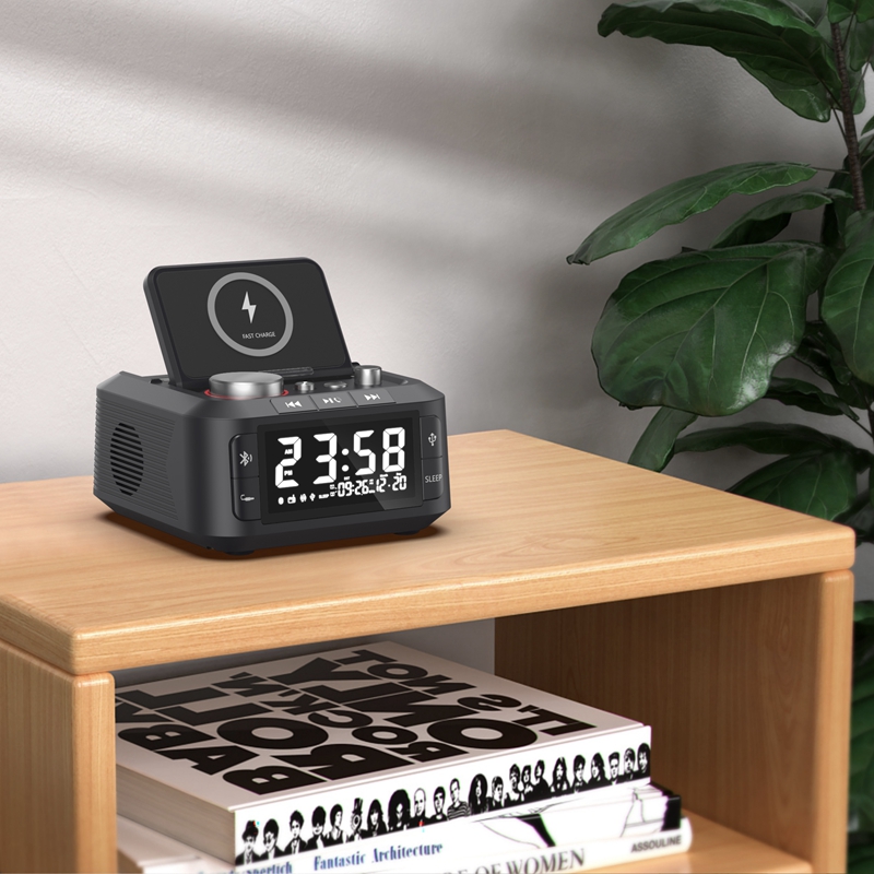 Q7 alarm clock speaker wireless charging station detailed specification image