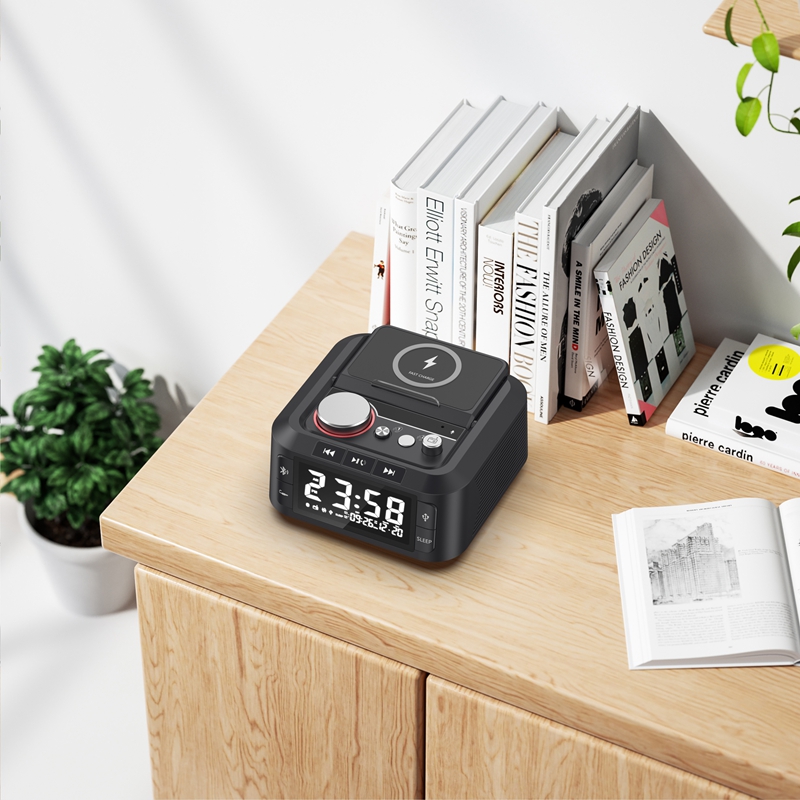Q7 alarm clock speaker wireless charging station detailed specification image