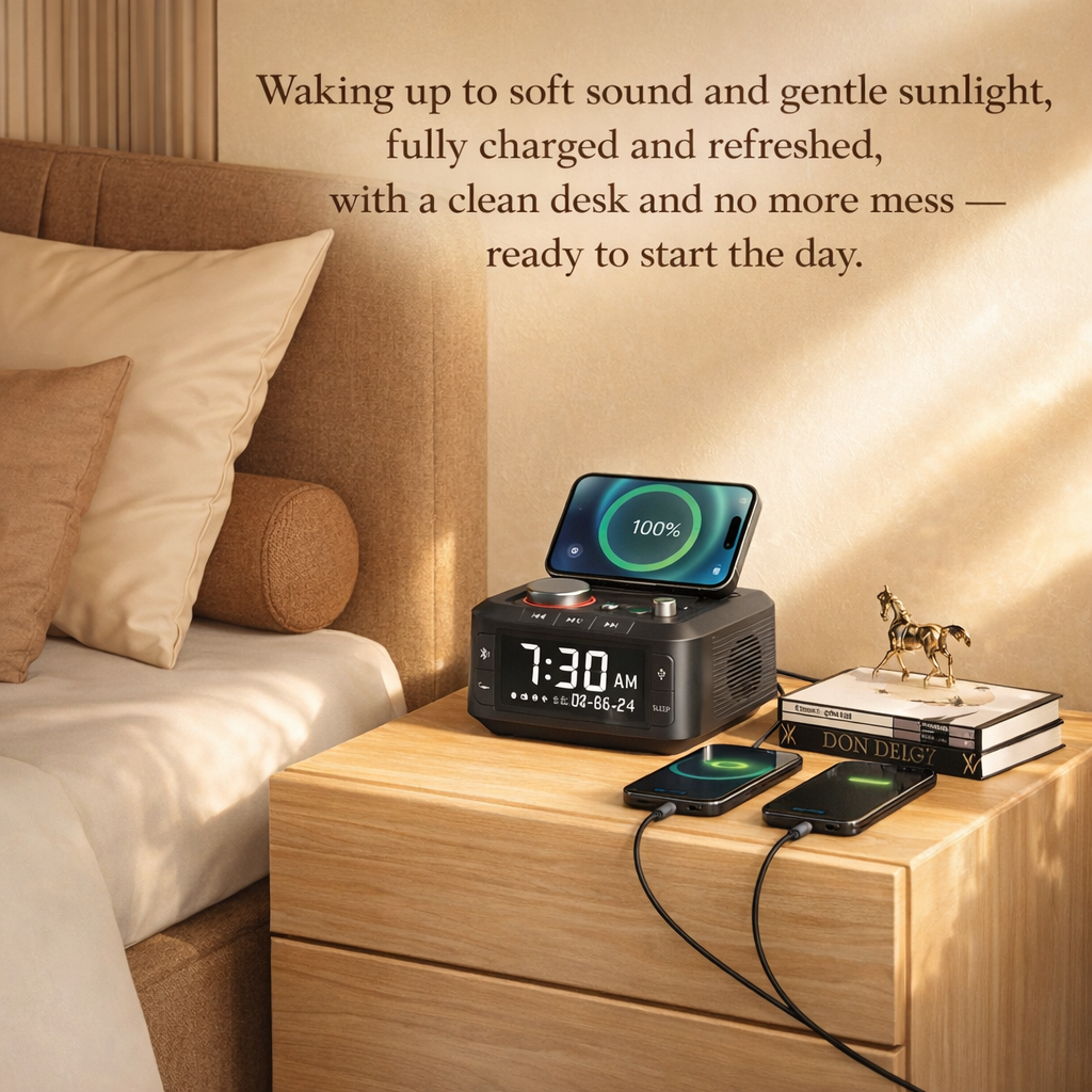 Q7 Alarm Clock BT Speaker wireless charging station Adjustable Light detailed specification image