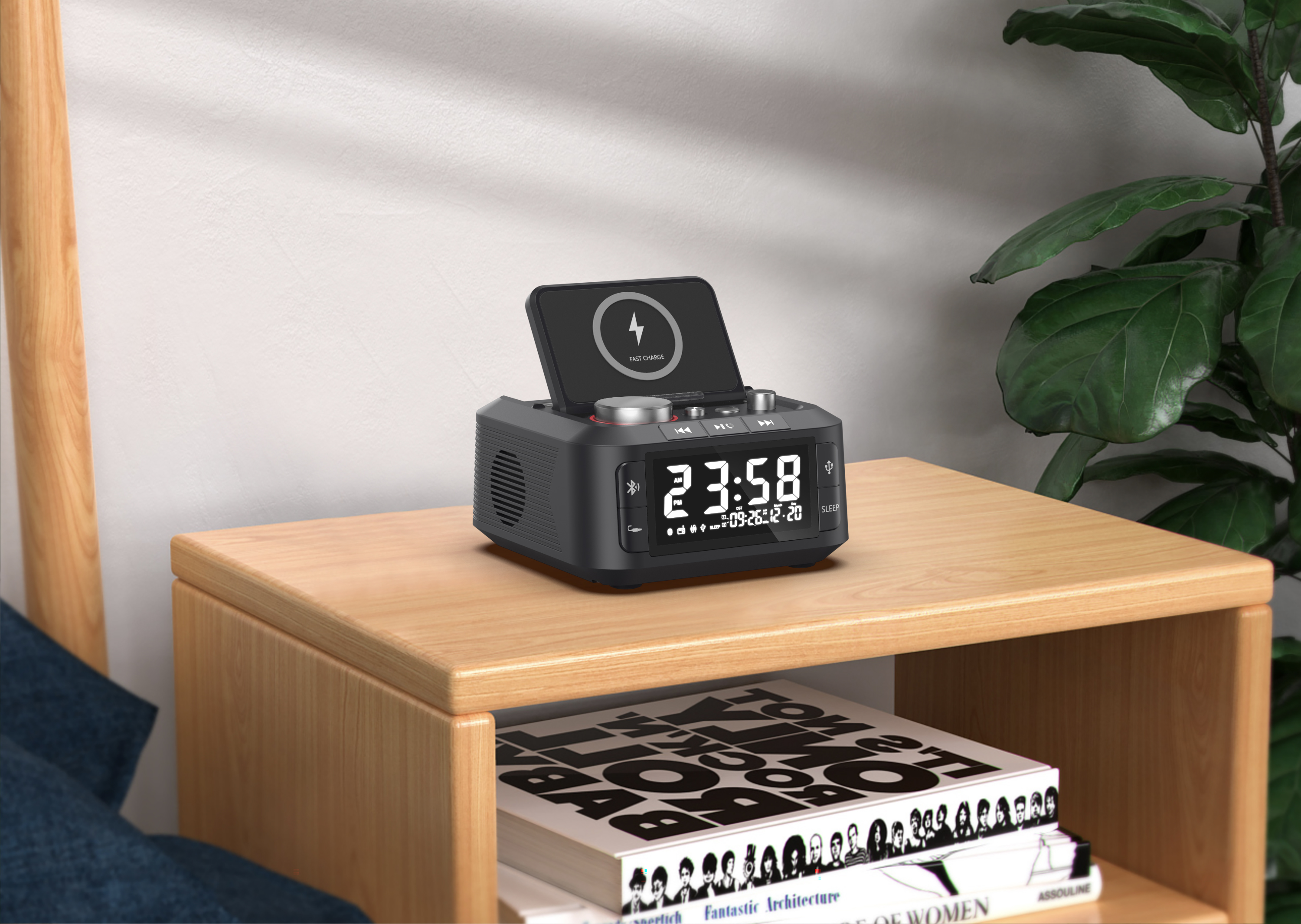 Q7 Alarm Clock BT Speaker wireless charging station Adjustable Light detailed specification image