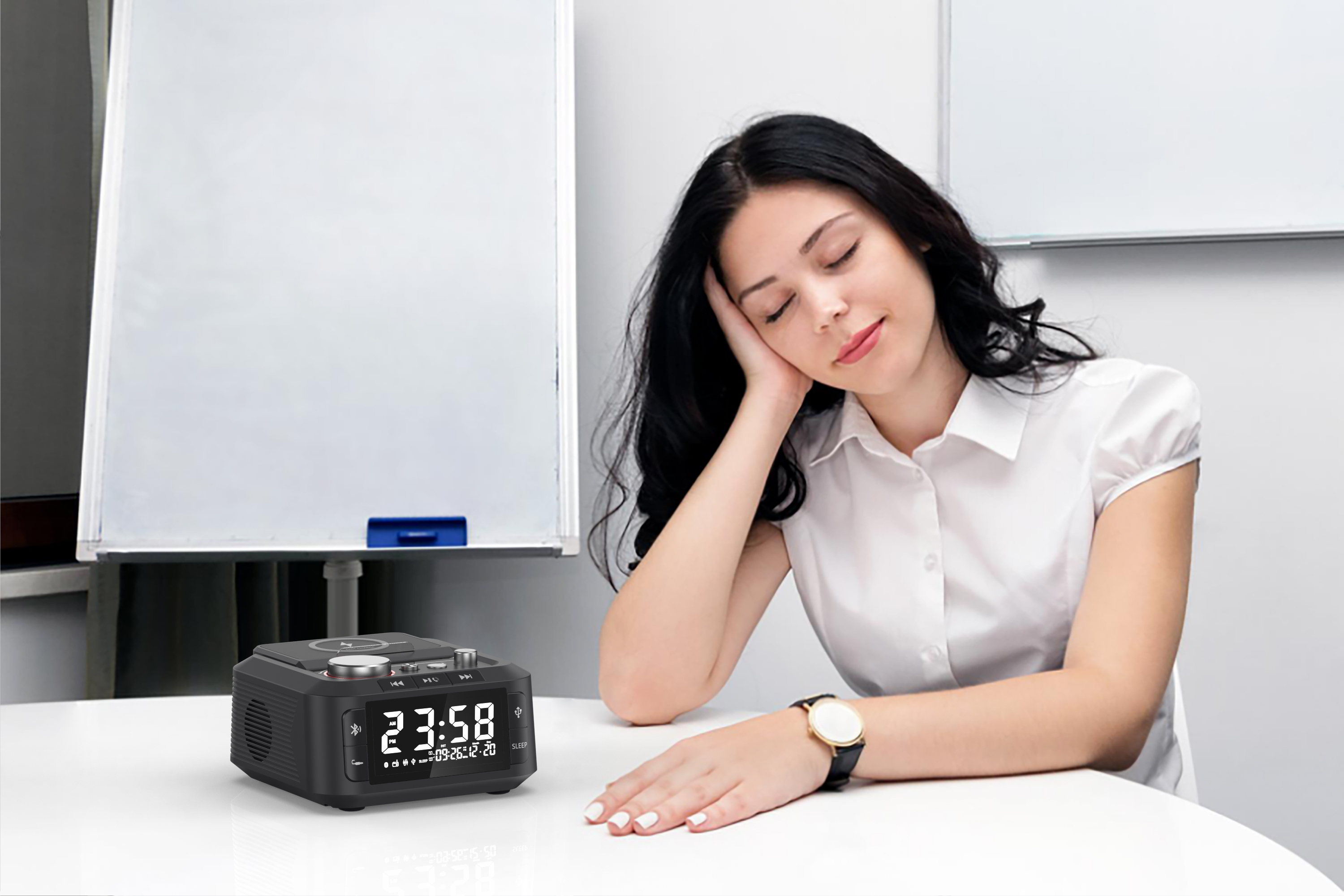 Q7 Alarm Clock BT Speaker wireless charging station Adjustable Light detailed specification image
