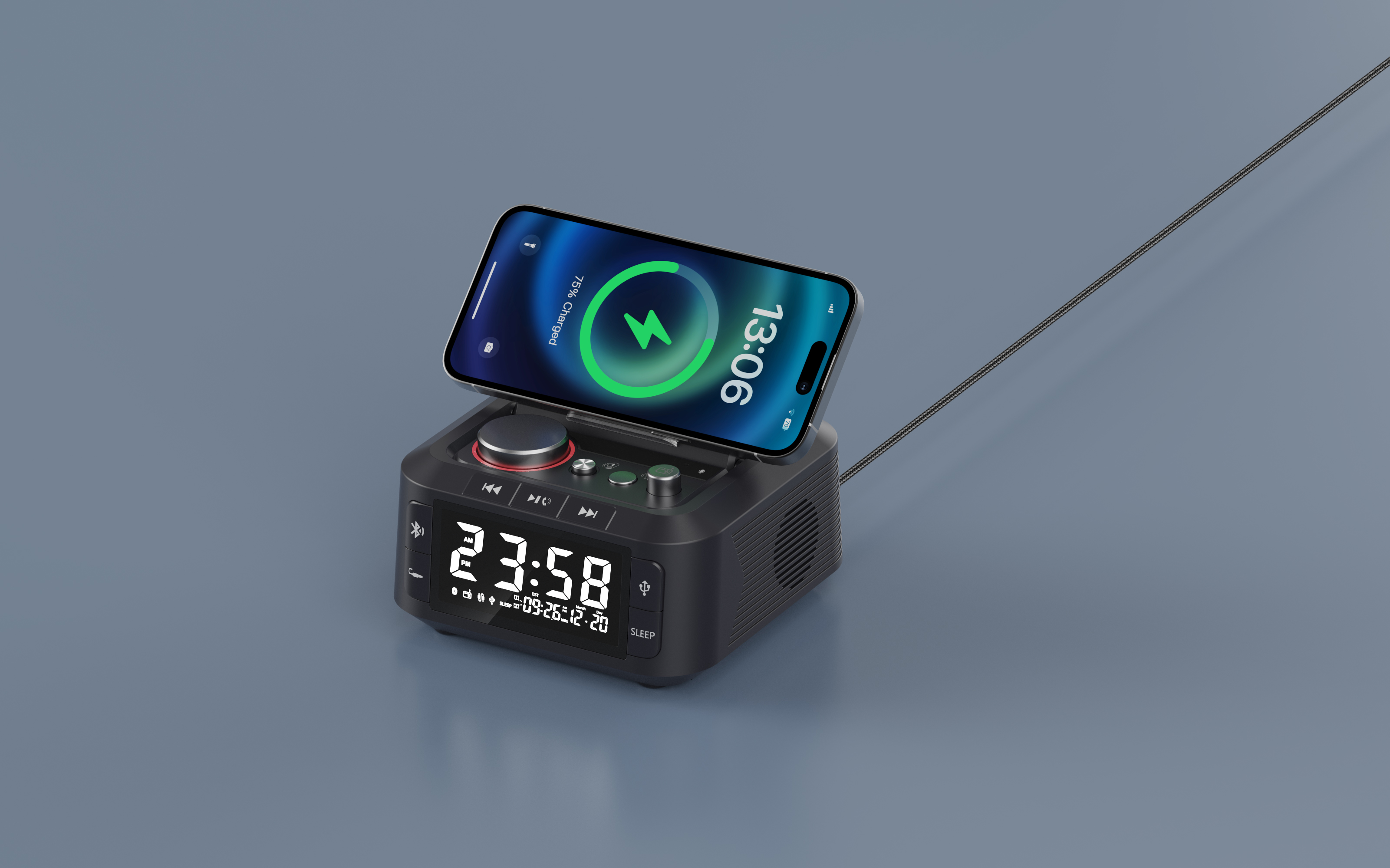 Q7 Alarm Clock BT Speaker wireless charging station Adjustable Light detailed specification image