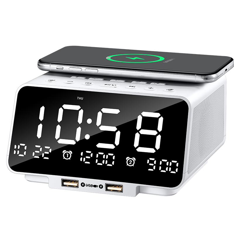 K9 Alarm Clock Bluetooth Speaker Wireless Charging For Hotel Room Bedside detailed specification image