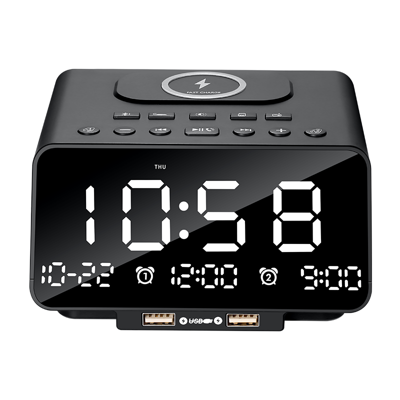 K9 Alarm Clock Bluetooth Speaker Wireless Charging For Hotel Room Bedside detailed specification image